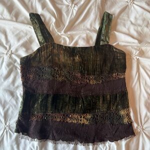 Aria Olive Green and Dark Brown Velvet Lace-Trim Camisole